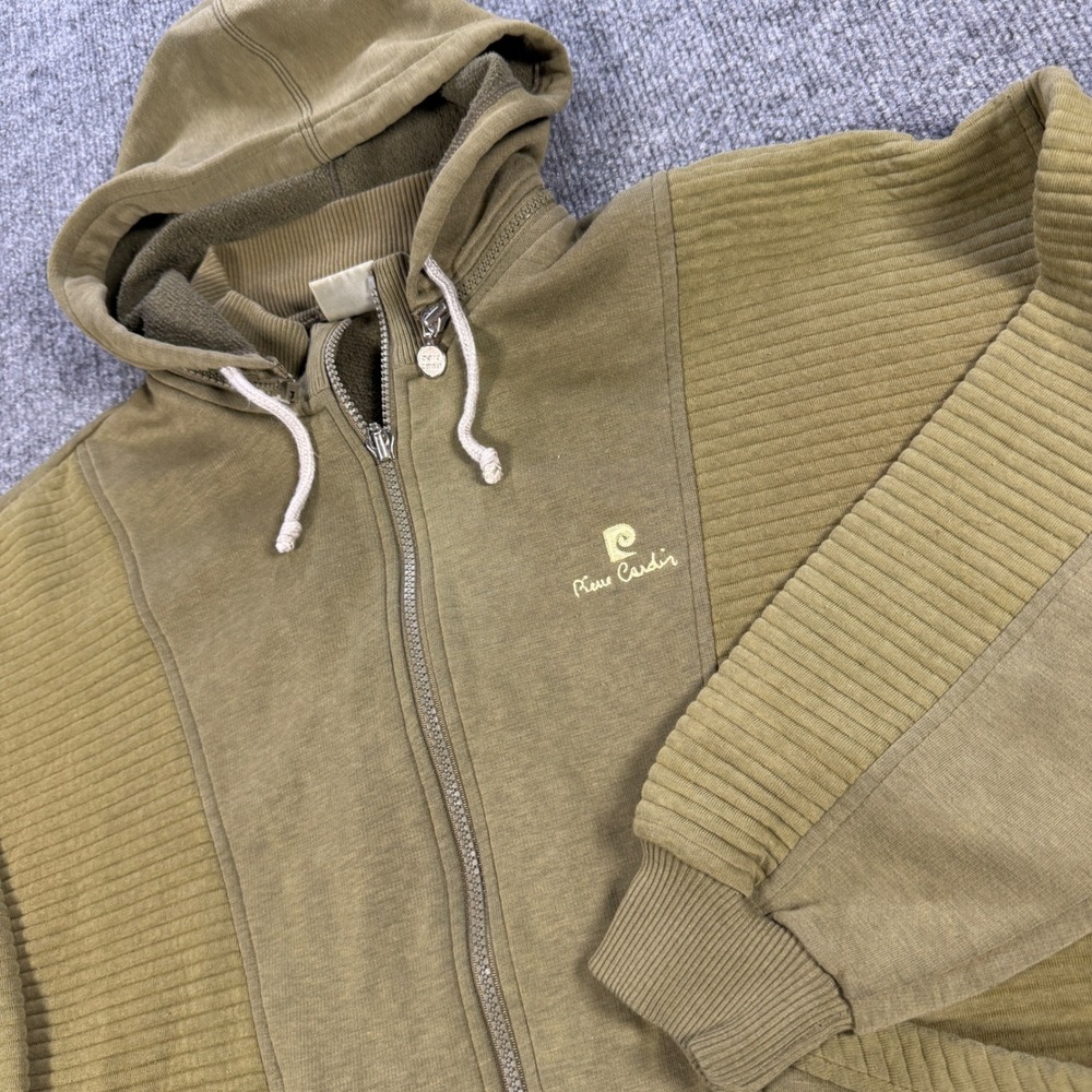 Pierre Cardin Ligne Sport Olive Green Ribbed Panel Zip Up Hoodie Vintage Size 3